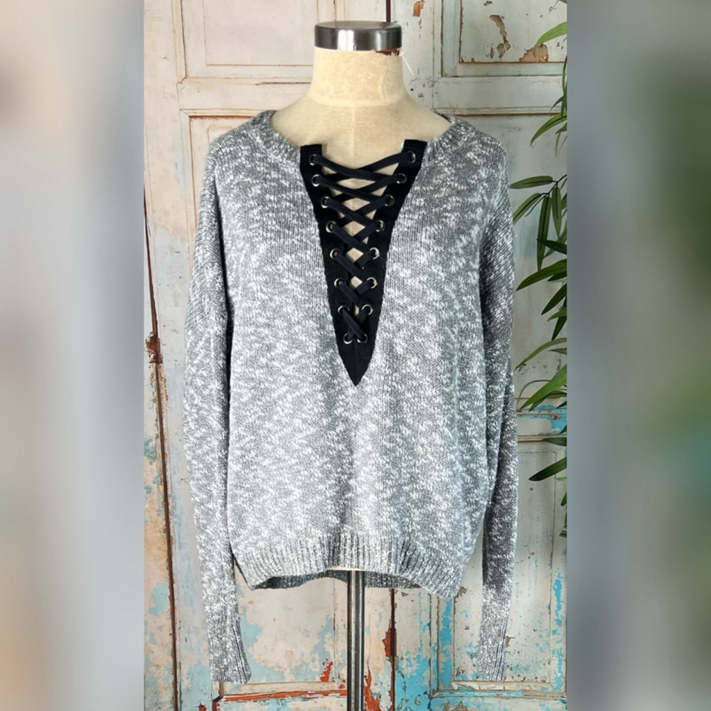 Express Gray Marbled Lace Up V-neck Sweater